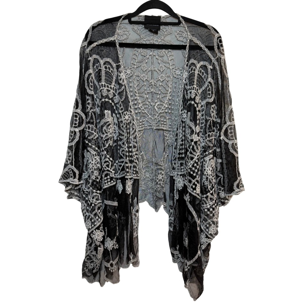 Embroidered Kimono Sz 3XL Black White Lace Mesh Boho Festival Whimsigoth Emo